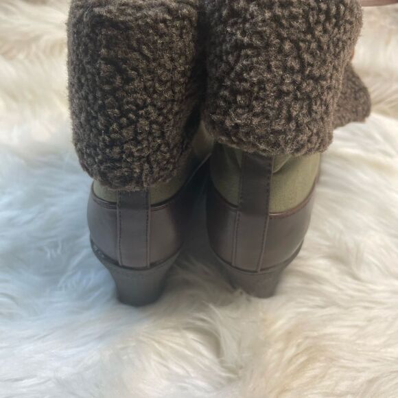 Ashley Stuart Olive Green textile &Brown faux leather lace up wedge boots SZ12W. - Picture 8 of 12